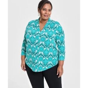 JM Collection Womens 2X Teal Medallion V-Neck 3/4 Sleeve Blouse 100200660WN NEW